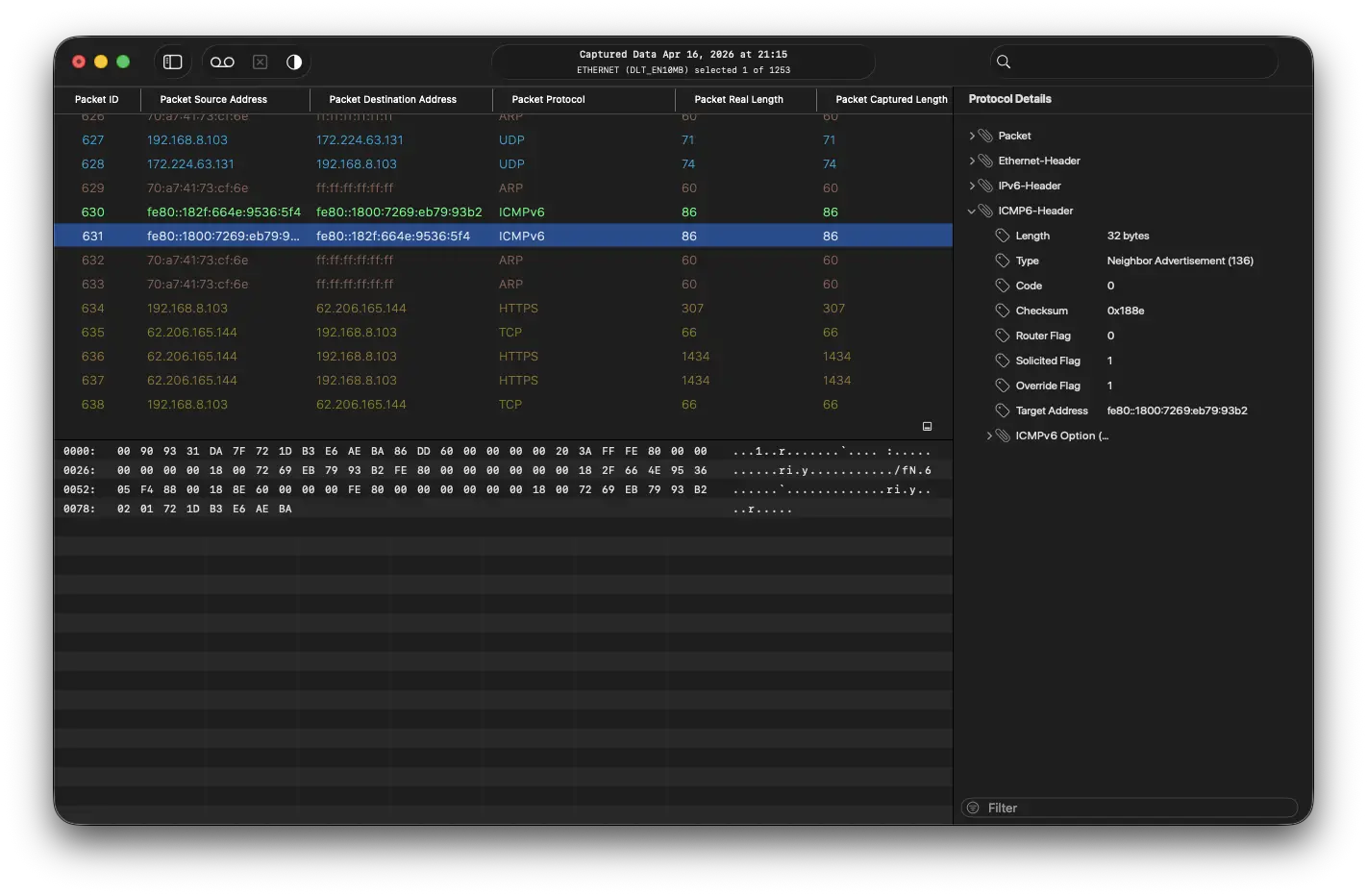 Document window: sidebar, packet list, details, and hex view