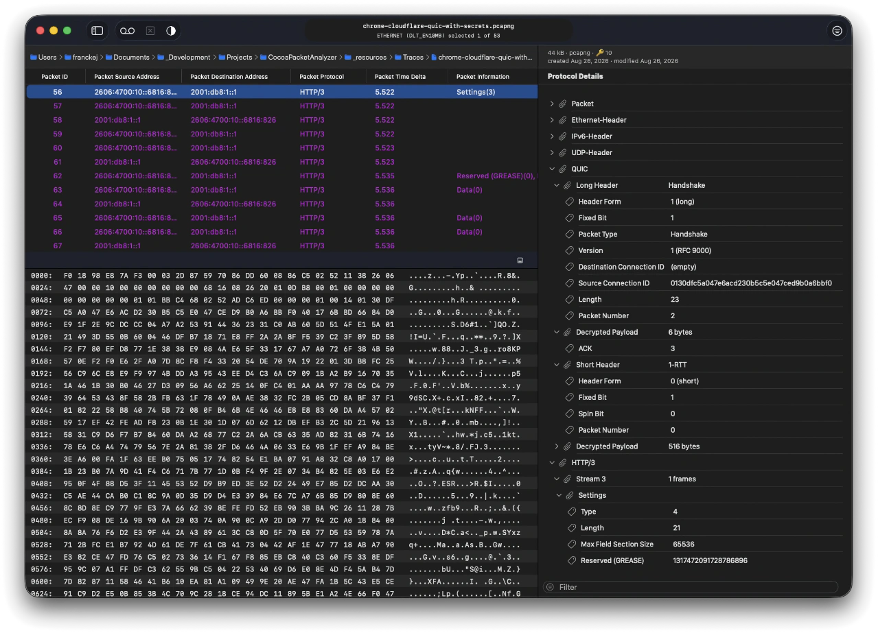 QUIC packet tree with decrypted frames and HTTP/3 headers