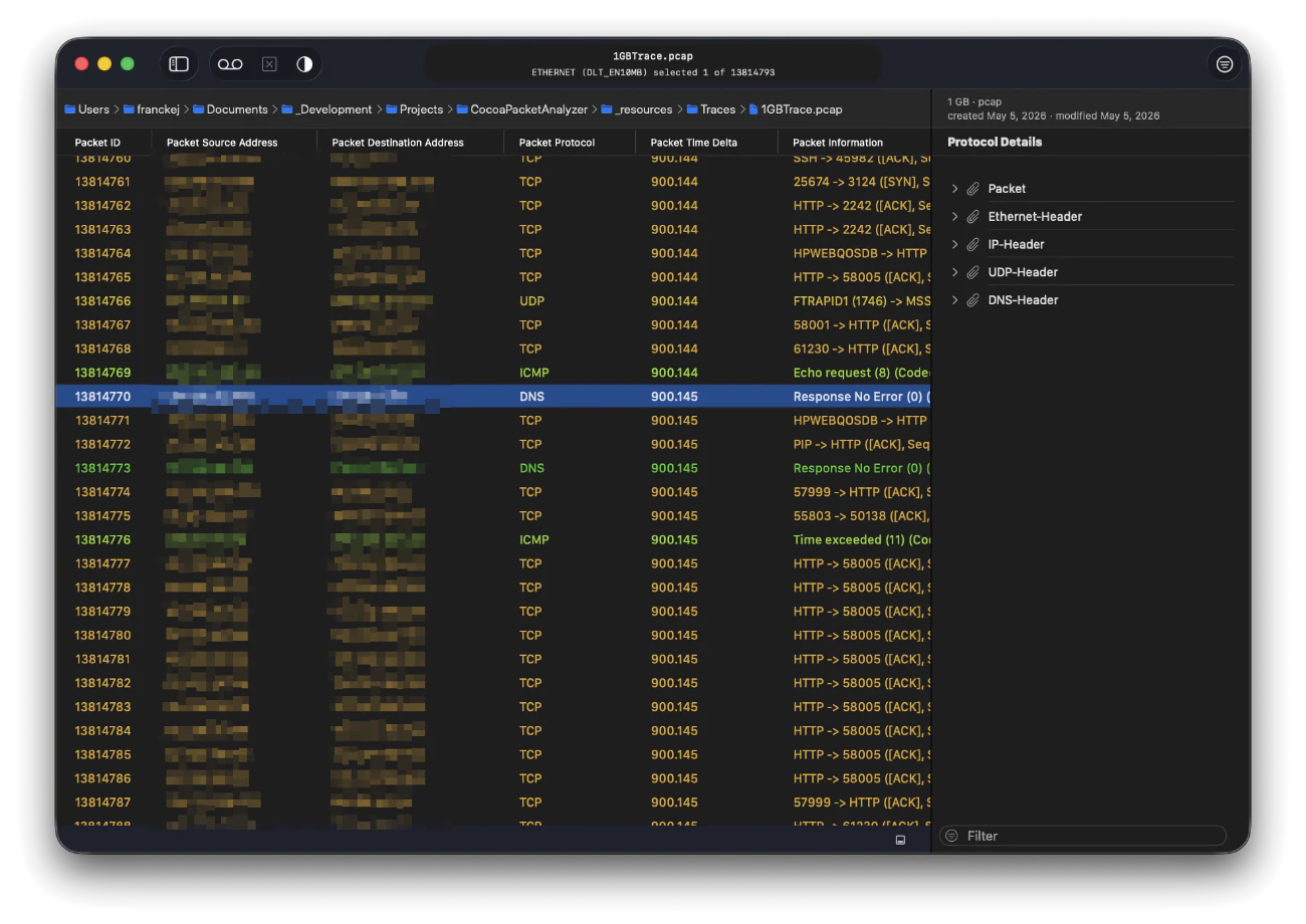 A multi-million-packet trace open with modest memory use