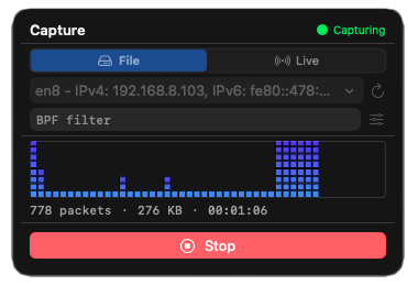 Menu bar capture popover with live activity histogram
