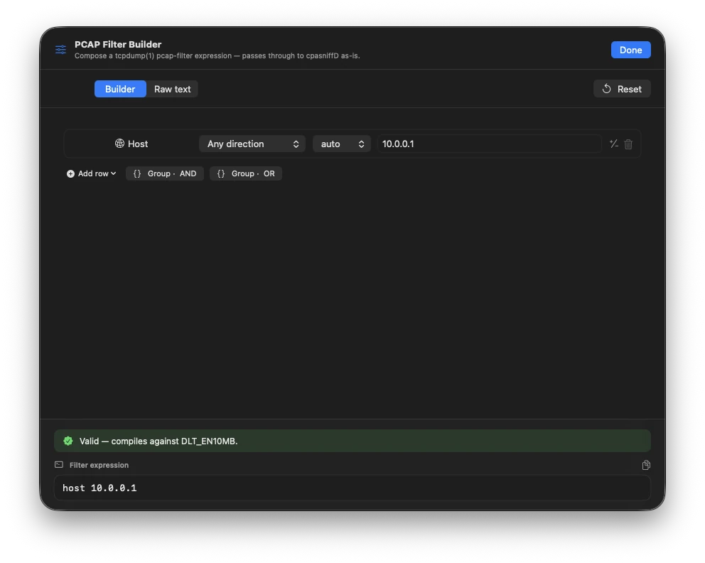 PCAP filter builder