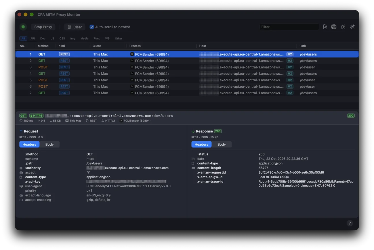 Der Proxy-Monitor mit den API-Requests einer App, ein ausgewählter GET mit seinen Request- und Response-Headern