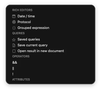 Filter dropdown with sectioned autocomplete and rich editor popovers