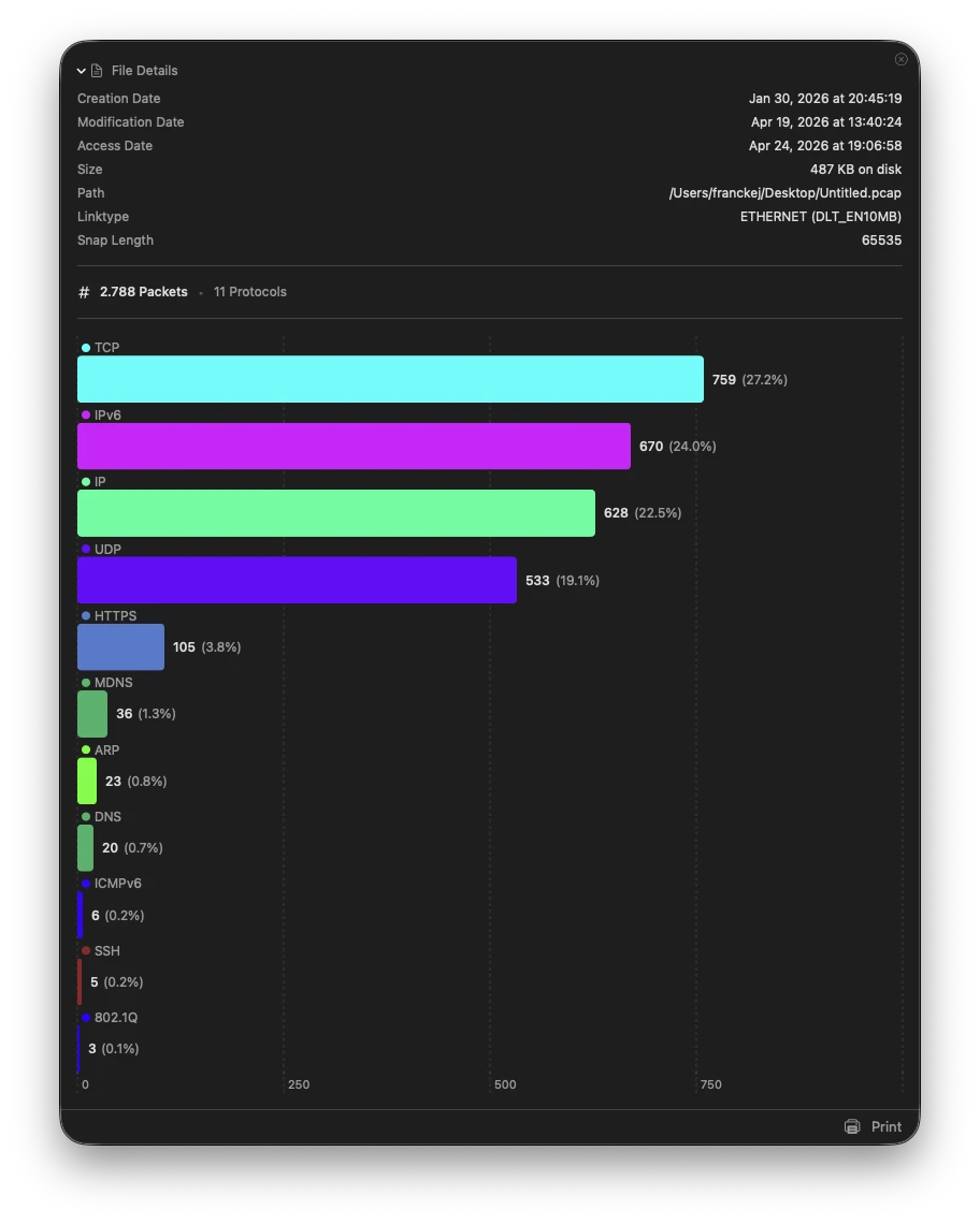 Protocol statistics bar chart with file metadata