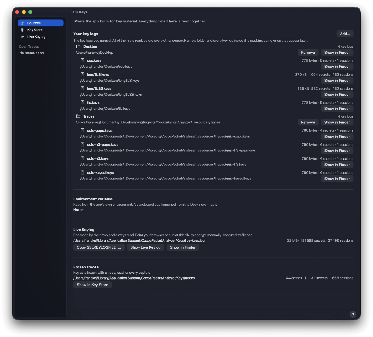 TLS Keys window Sources pane listing key-log files and folders